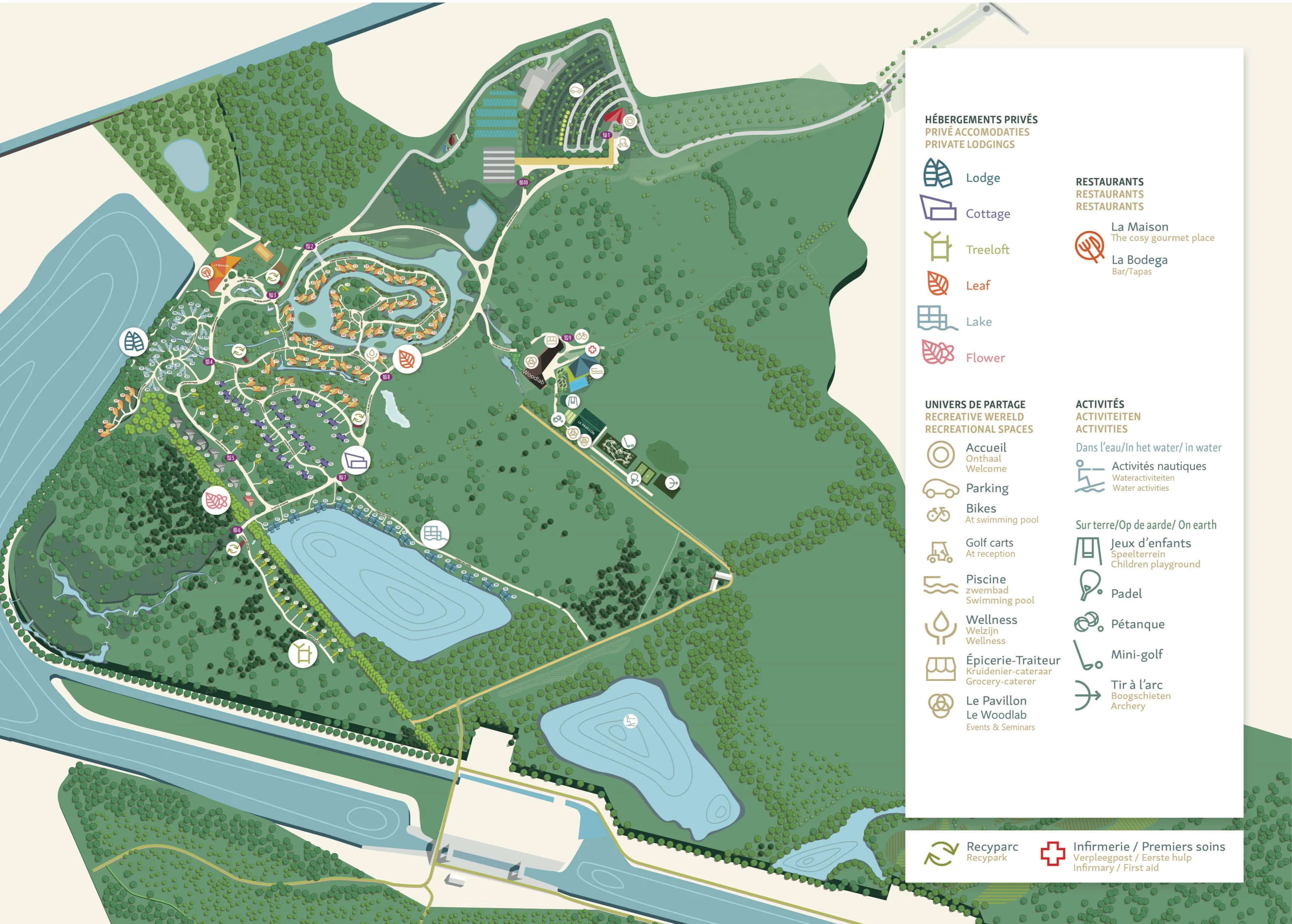 Plan illustré du Domaine du Bois de Fouage : lacs, forêts, chemins et hébergements, avec l'emplacement du Cottage des Perdrix